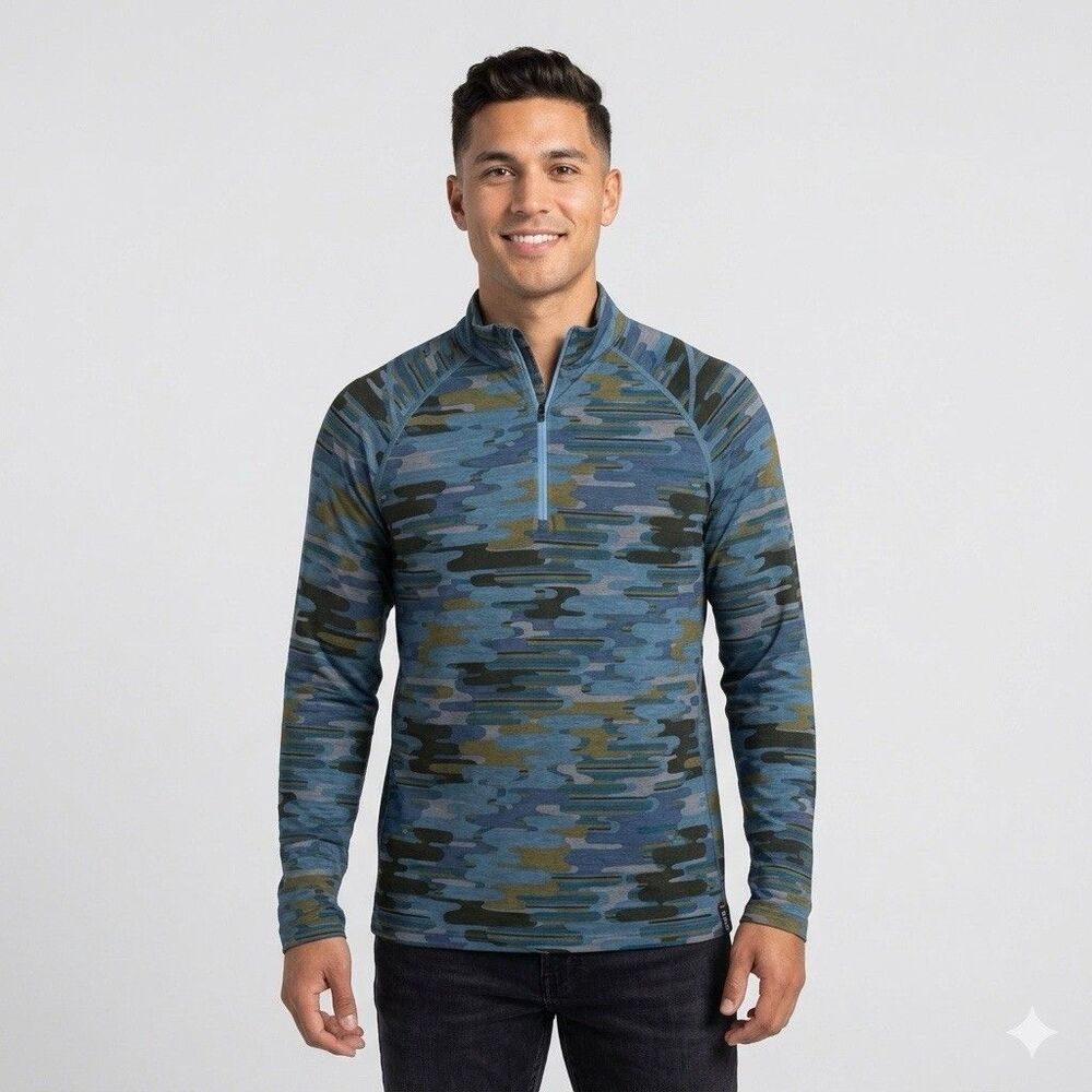 Saxx Viewfinder Half-Zip Pullover Size L Blue Green Camo Merino Blend